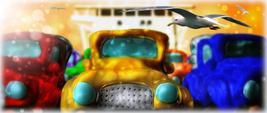 Cargo ship deck filled with colorful four-wheel drives