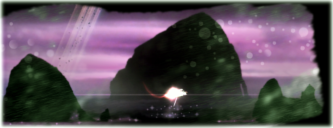 Spaceship flying over a river on the comet with a haystack-shaped rock in the background